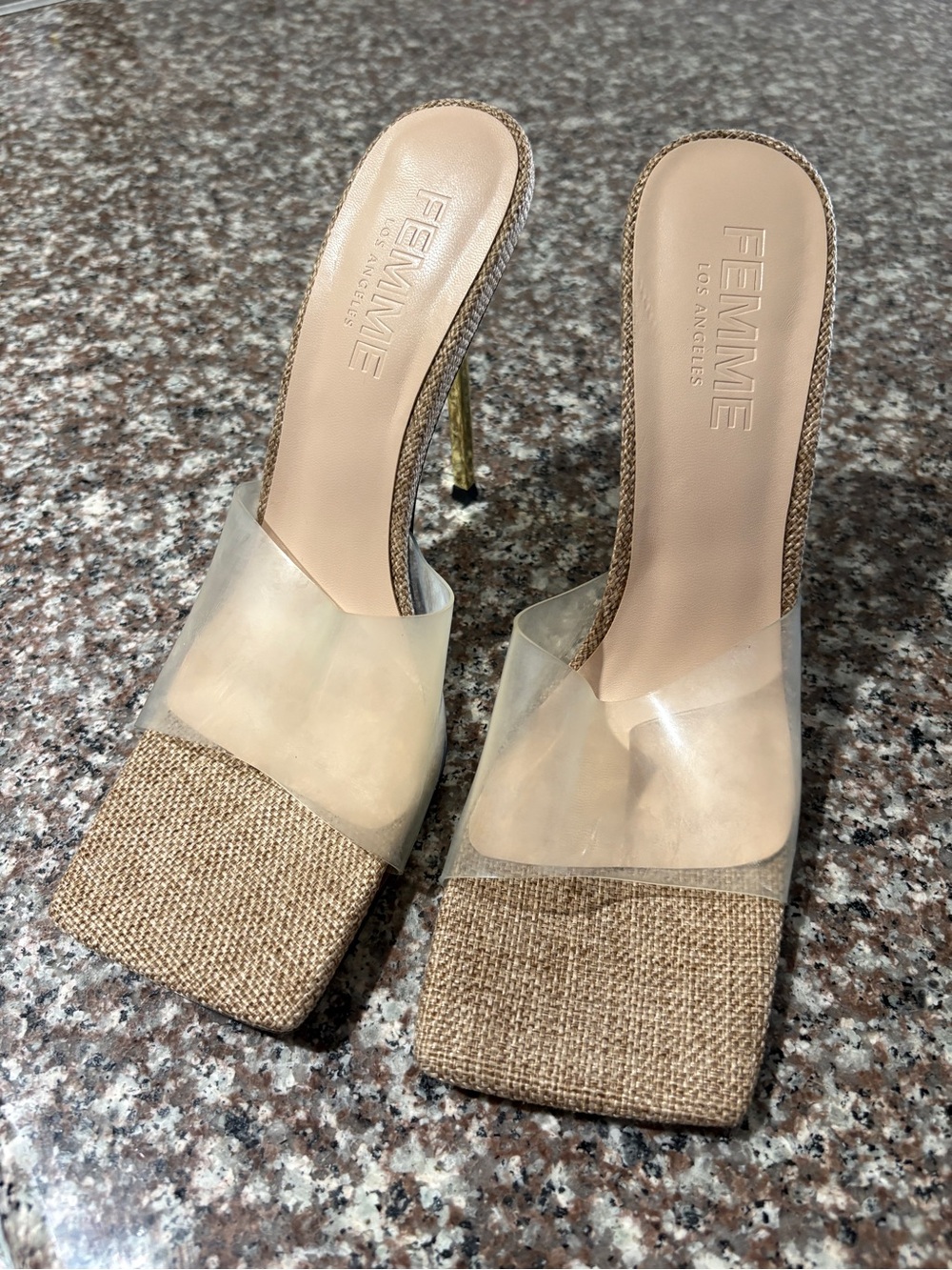 FEMME Clear Band Tan Woven Square-Toe Stiletto Heels